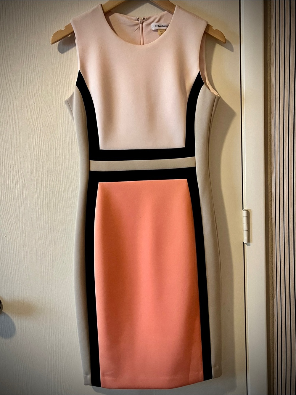 Calvin Klein Sleeveless Colorblock Sheath Dress in Peach, Blush and Black